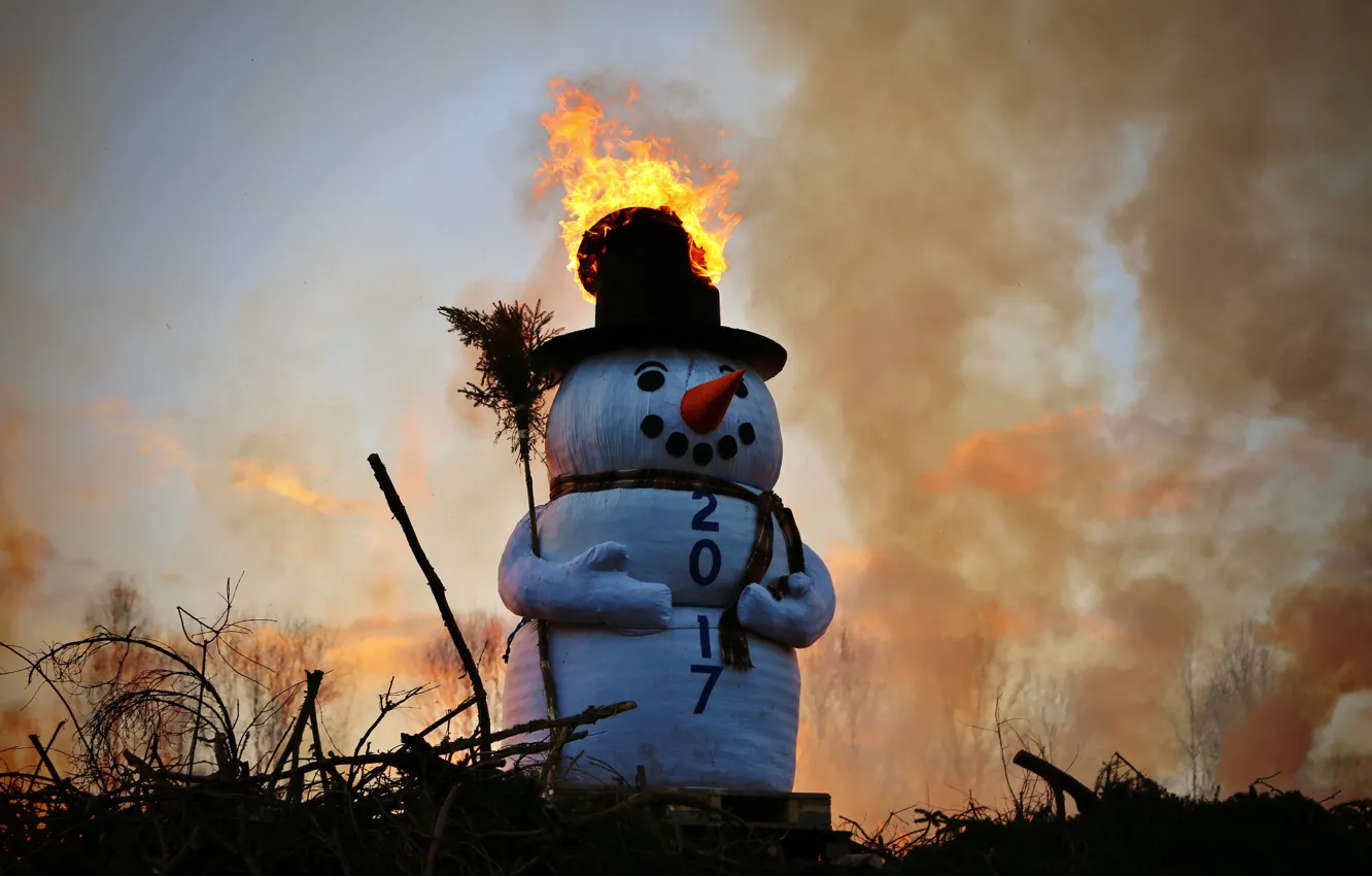 Photo wallpaper fire, snowman, stuffed
