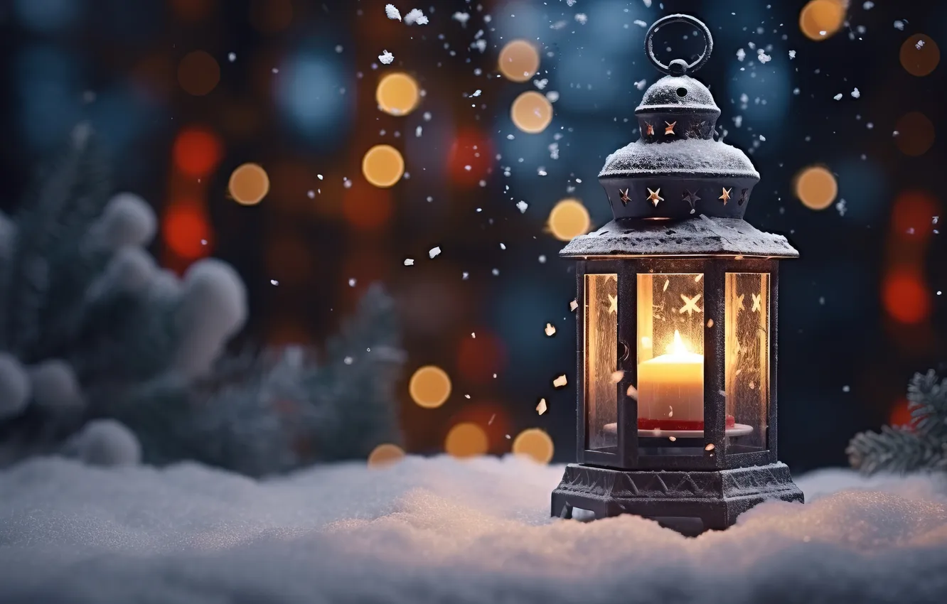 Photo wallpaper winter, snow, night, new year, Christmas, lights, Christmas, night
