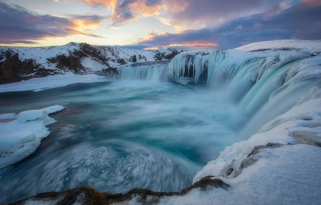 Photo wallpaper cold, winter, the sky, water, snow, sunset, nature, waterfall