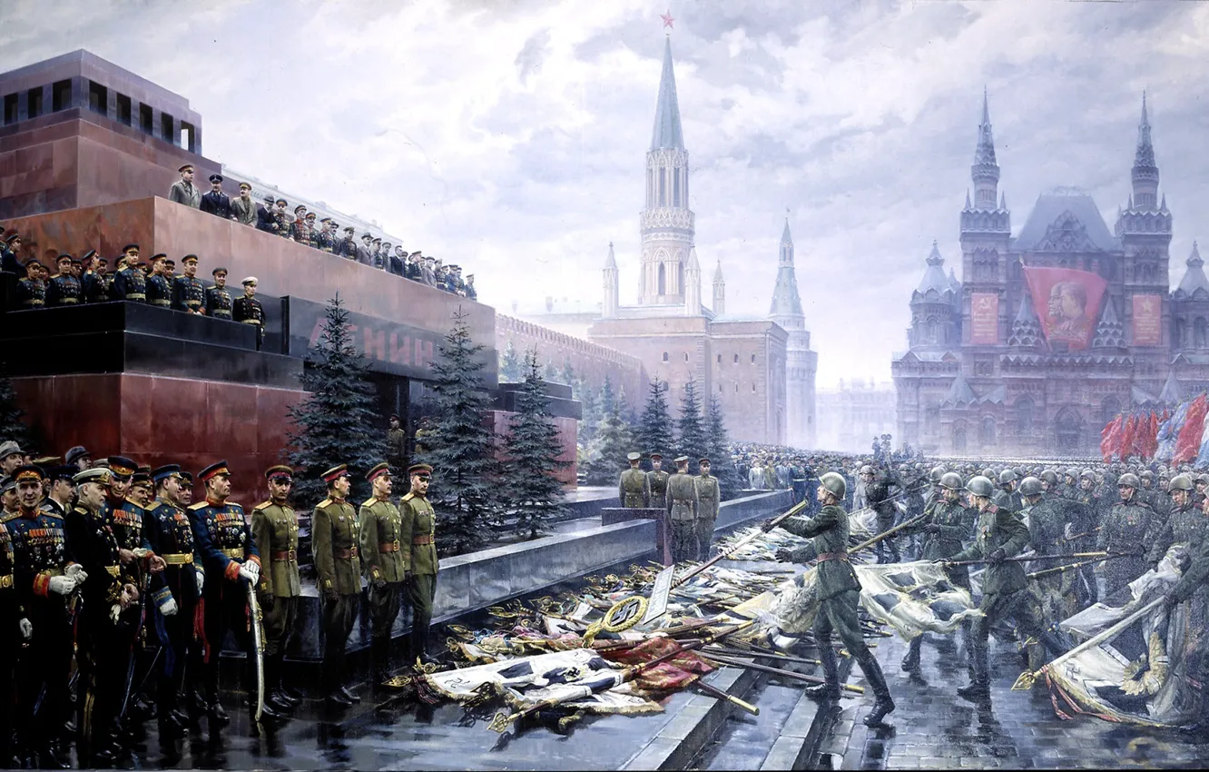 Photo wallpaper picture, May 9, victory day, soldiers, the Kremlin, flags, red square