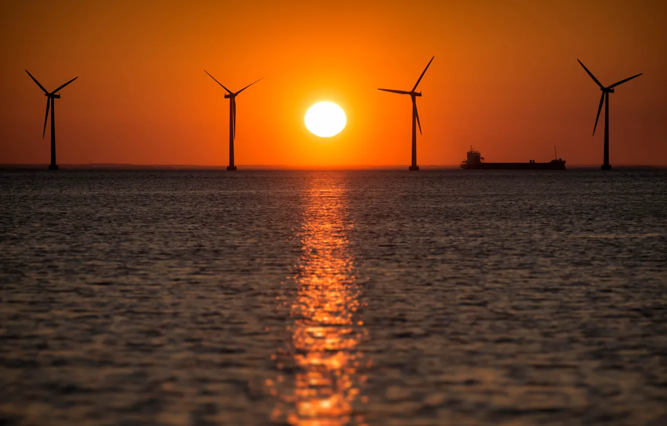 Photo wallpaper sea, ship, the evening, windmills, A Nice Sunrise in Any Way