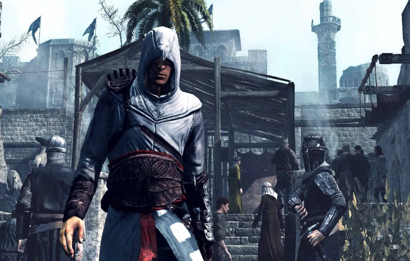 Photo wallpaper the sky, palm trees, soldiers, Altair, Assassin`s Creed