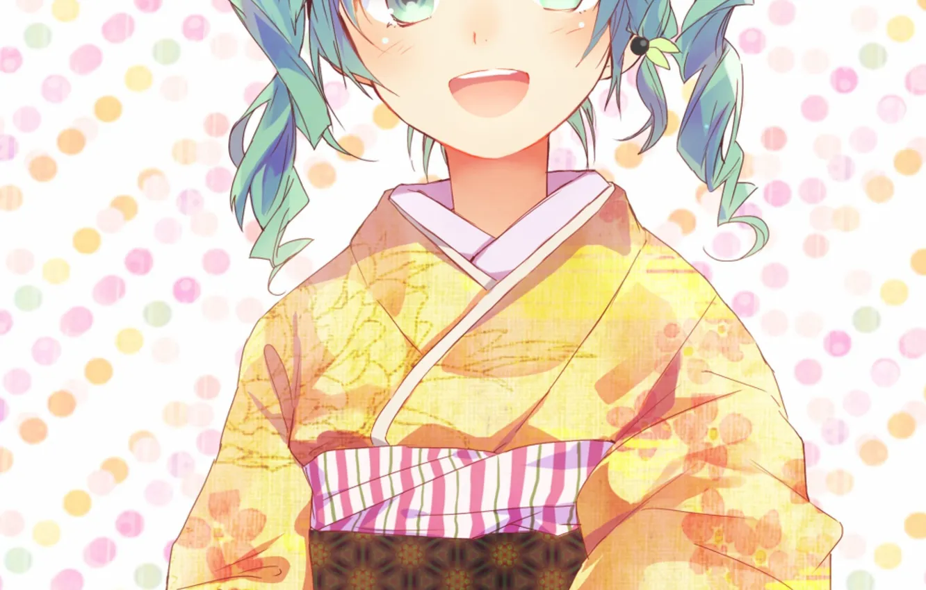 Photo wallpaper girl, flowers, anime, hatsune miku, Vocaloid, open mouth, Japanese clothing, green eyes