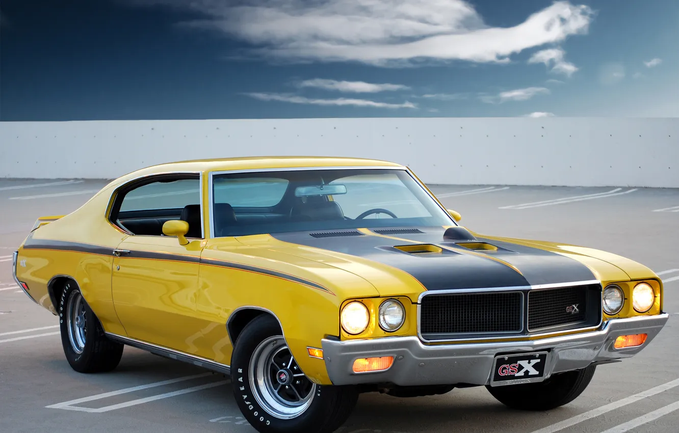 Photo wallpaper the sky, clouds, muscle car, muscle car, the front, gsx, buick, Buick