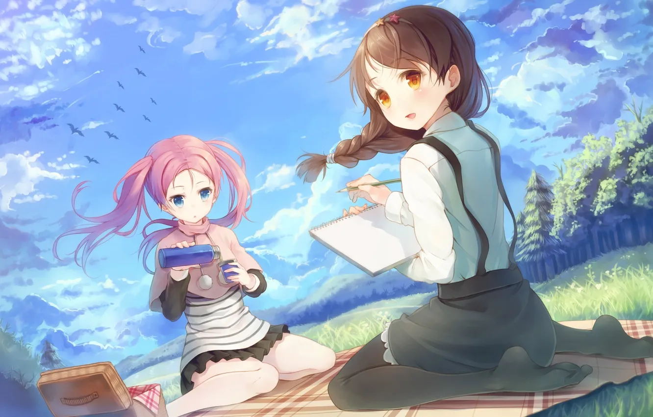 Photo wallpaper clouds, blush, blue eyes, two girls, open mouth, brown hair, two tails, your diary