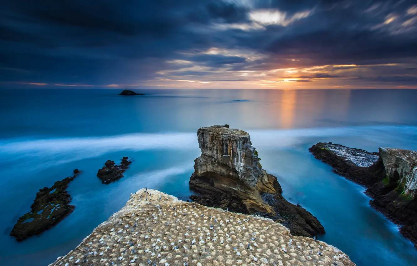 Photo wallpaper sea, sunset, rocks
