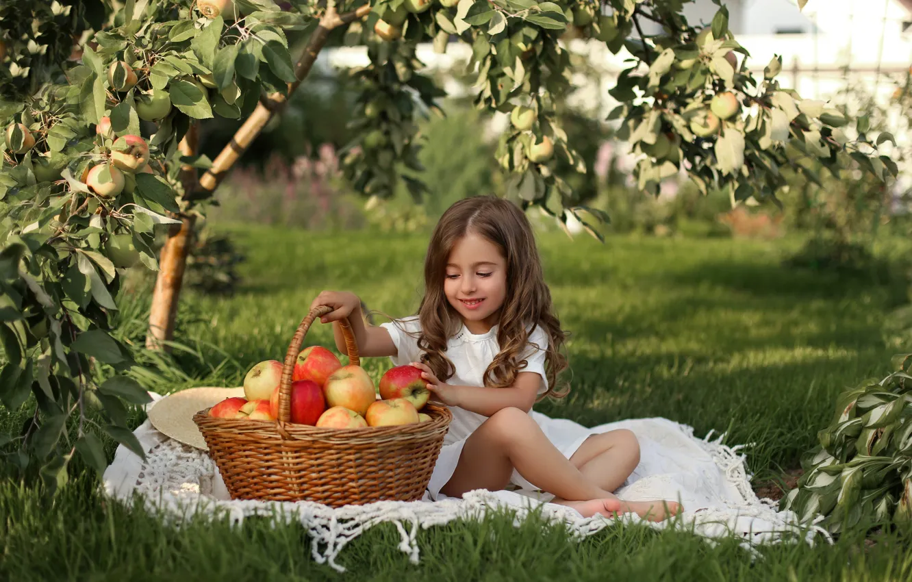 Photo wallpaper apples, harvest, girl