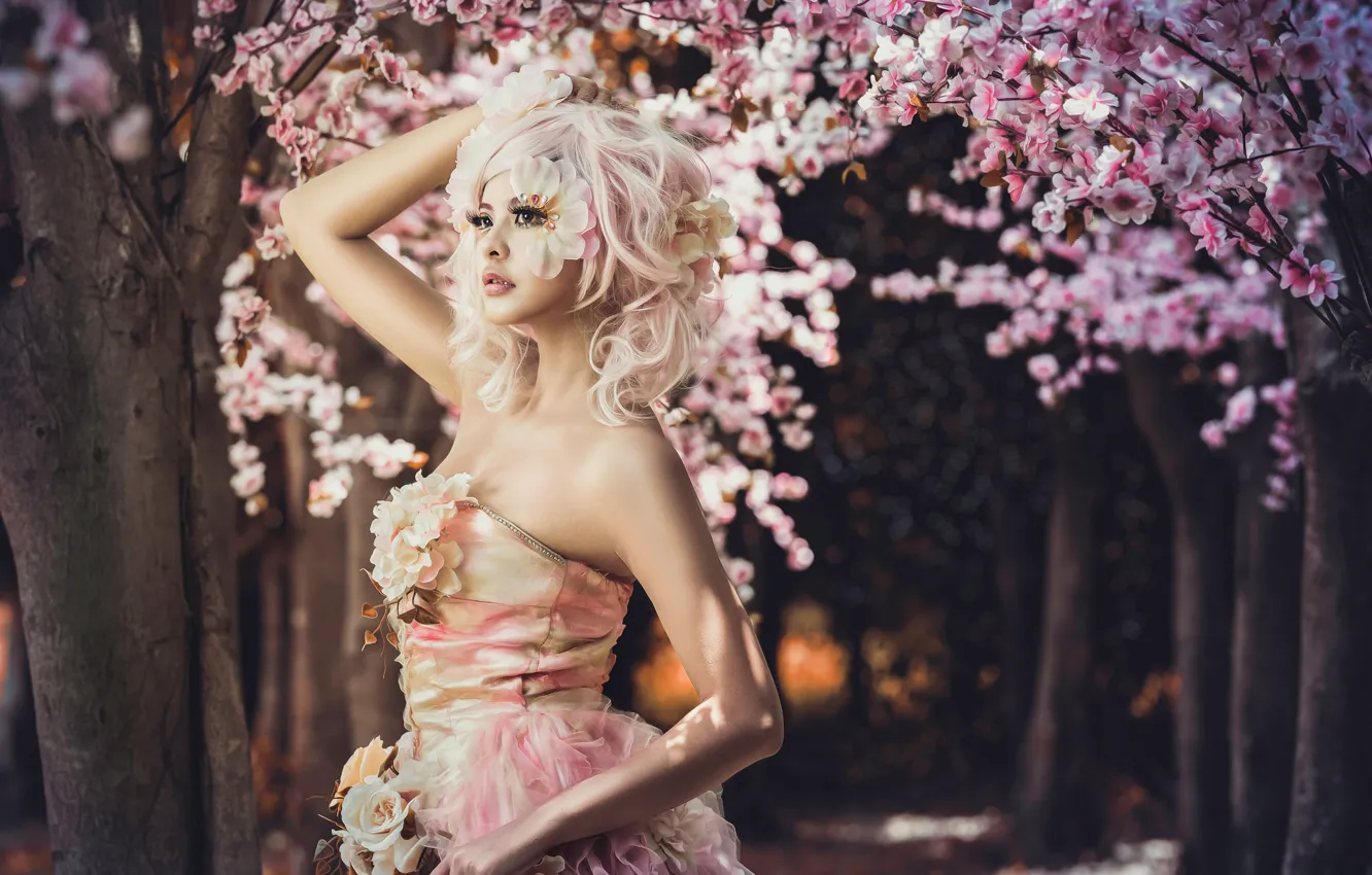 Photo wallpaper girl, trees, flowers, style, makeup, Sakura, dress, Asian