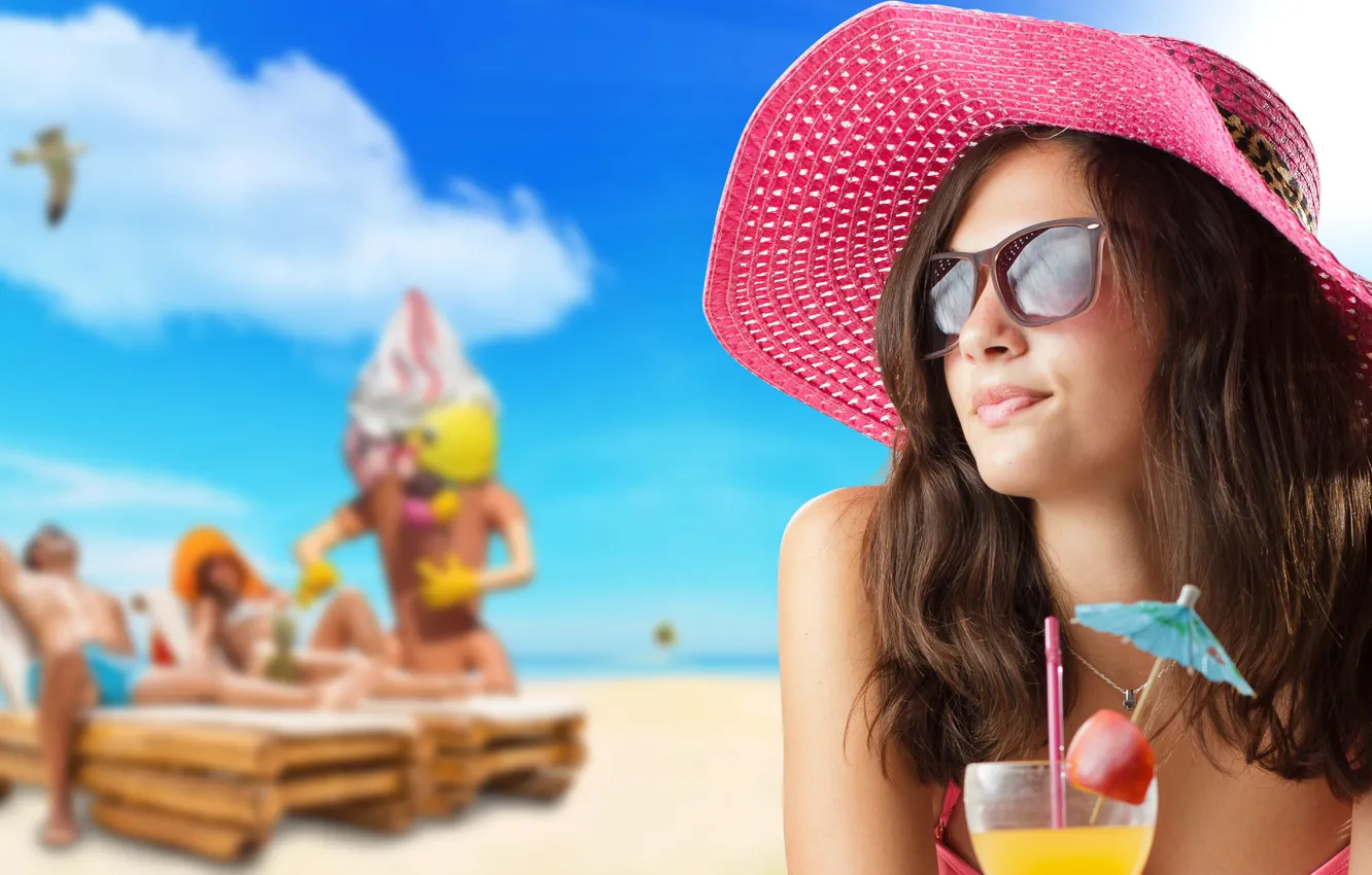 Photo wallpaper girl, summer, beach, party, hat, pink, beautiful, cocktail
