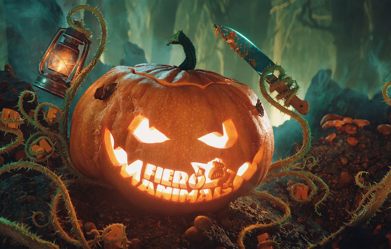 Photo wallpaper lights, knife, Halloween, pumpkin