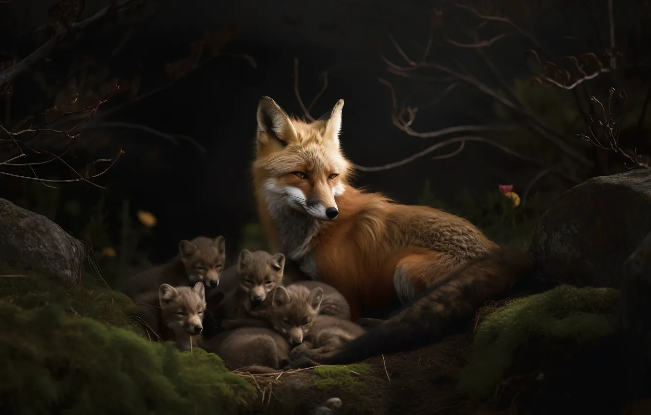 Photo wallpaper branches, stones, baby, Fox, Fox, cub, family, mother