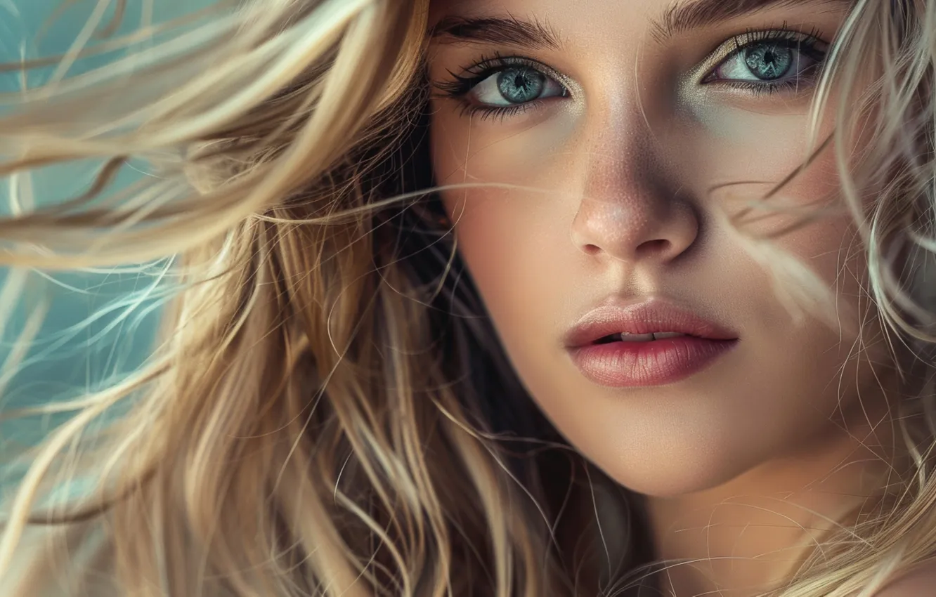 Photo wallpaper look, girl, face, portrait, makeup, blonde, long hair, flowing hair