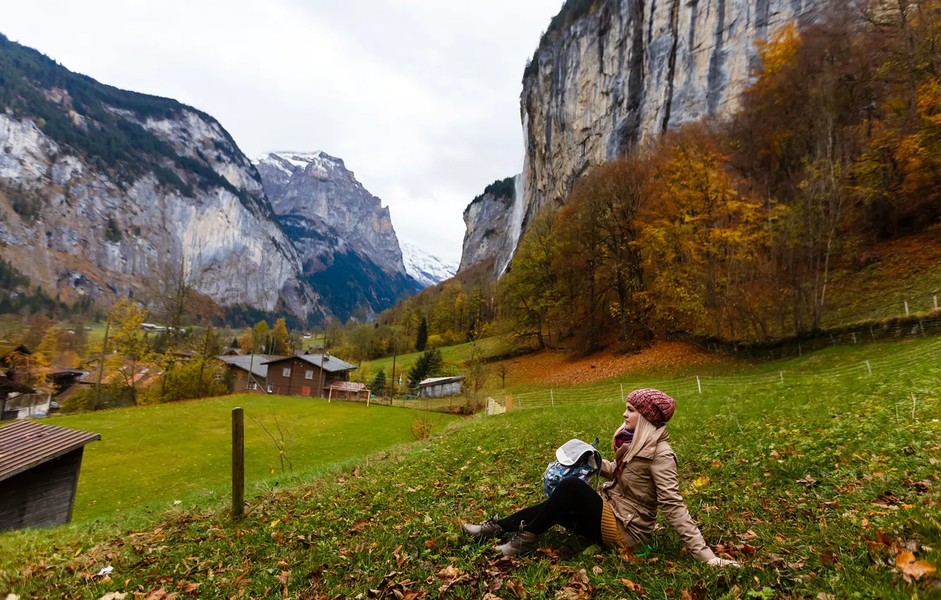 Photo wallpaper autumn, leaves, girl, trees, landscape, mountains, nature, rocks