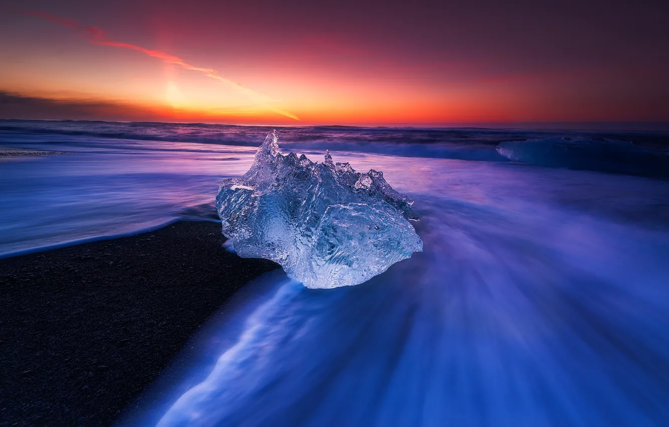 Photo wallpaper ice, sea, wave, the sky, the sun, light, sunset, blue