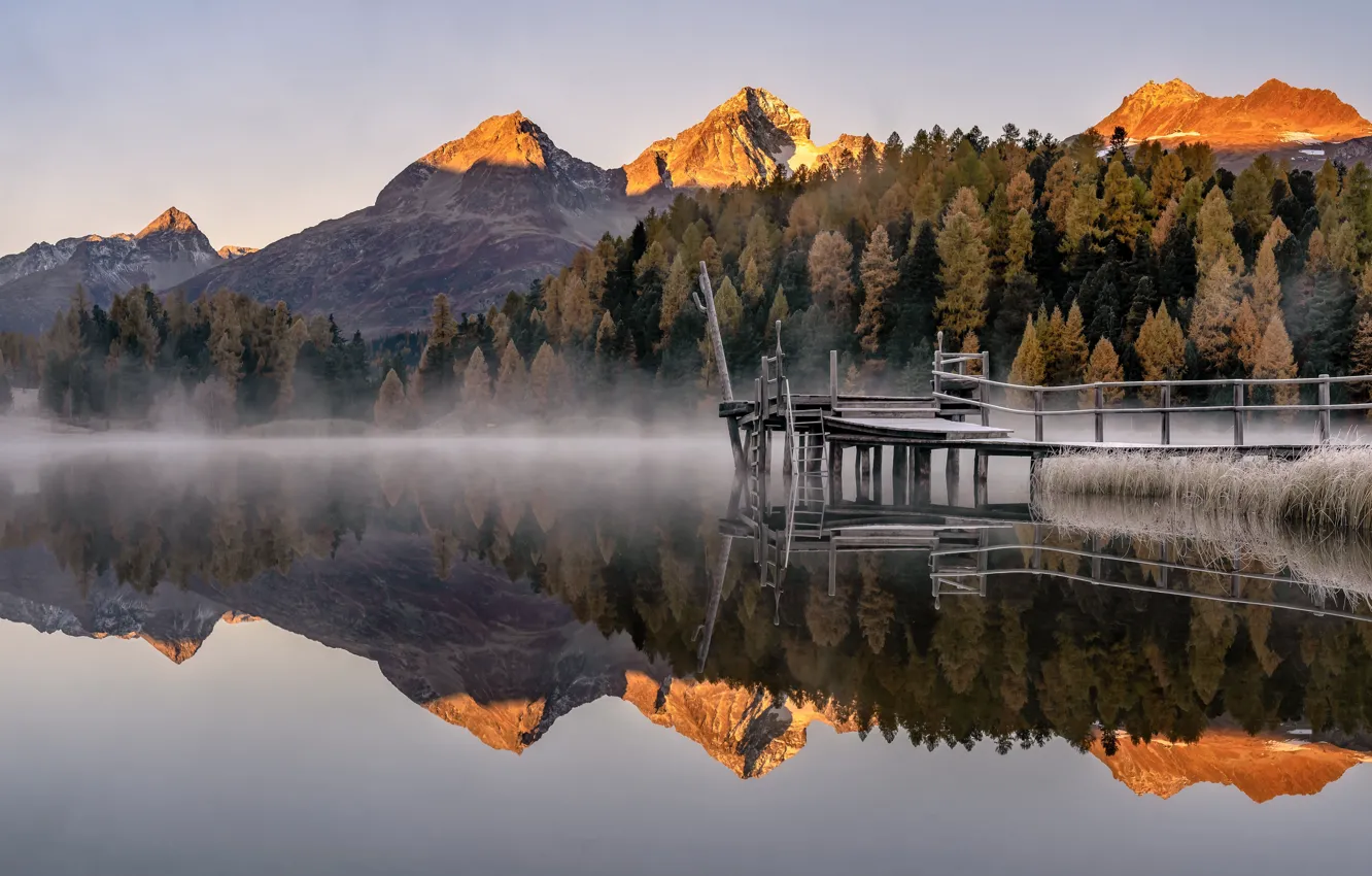 Photo wallpaper forest, mountains, fog, reflection, rocks, shore, tops, lighting