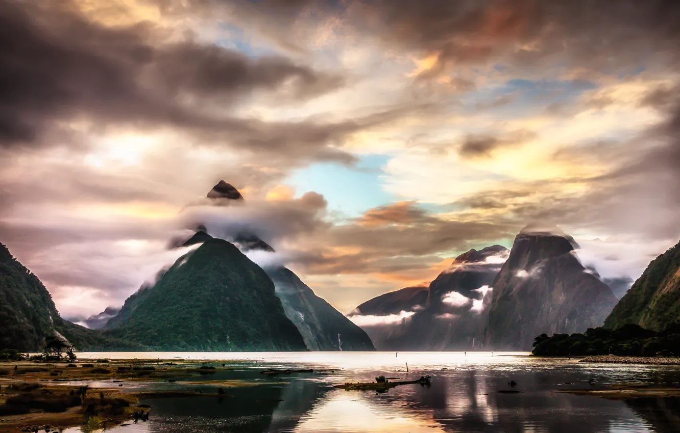 Photo wallpaper clouds, mountains, lake, New Zealand, New Zealand, mountains, clouds, lake