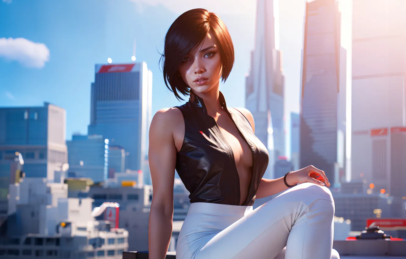 Photo wallpaper look, sexy, skyscrapers, brunette, neckline, beautiful girl, characters, Mirrors Edge