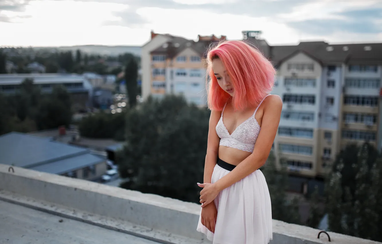Photo wallpaper chest, skirt, on the roof, pink hair, MERNAEV