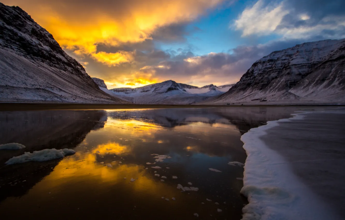 Photo wallpaper cold, ice, clouds, snow, sunset, mountains, lake