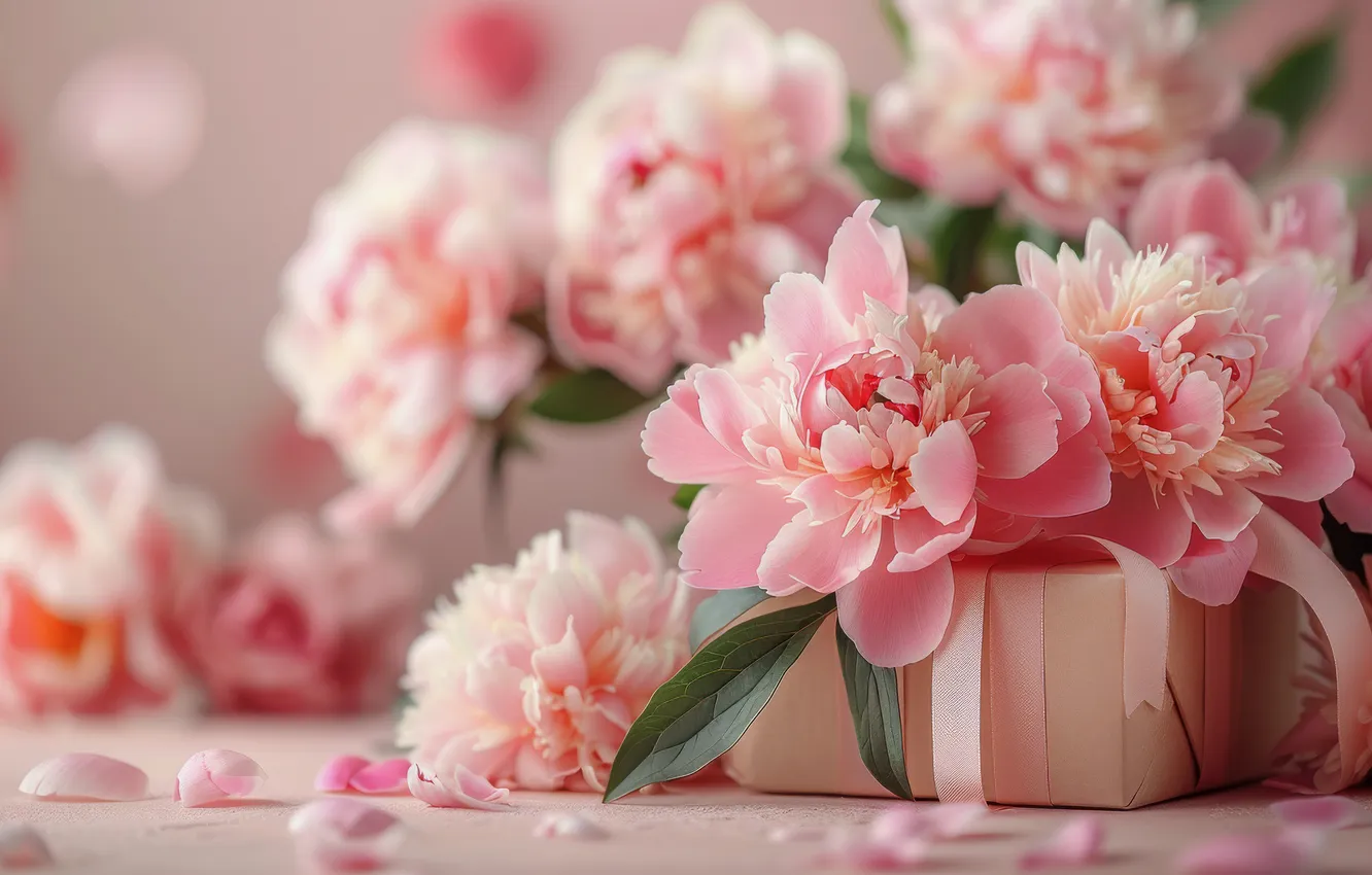 Photo wallpaper birthday, holiday, box, gift, bouquet, spring, pink, Valentine's day