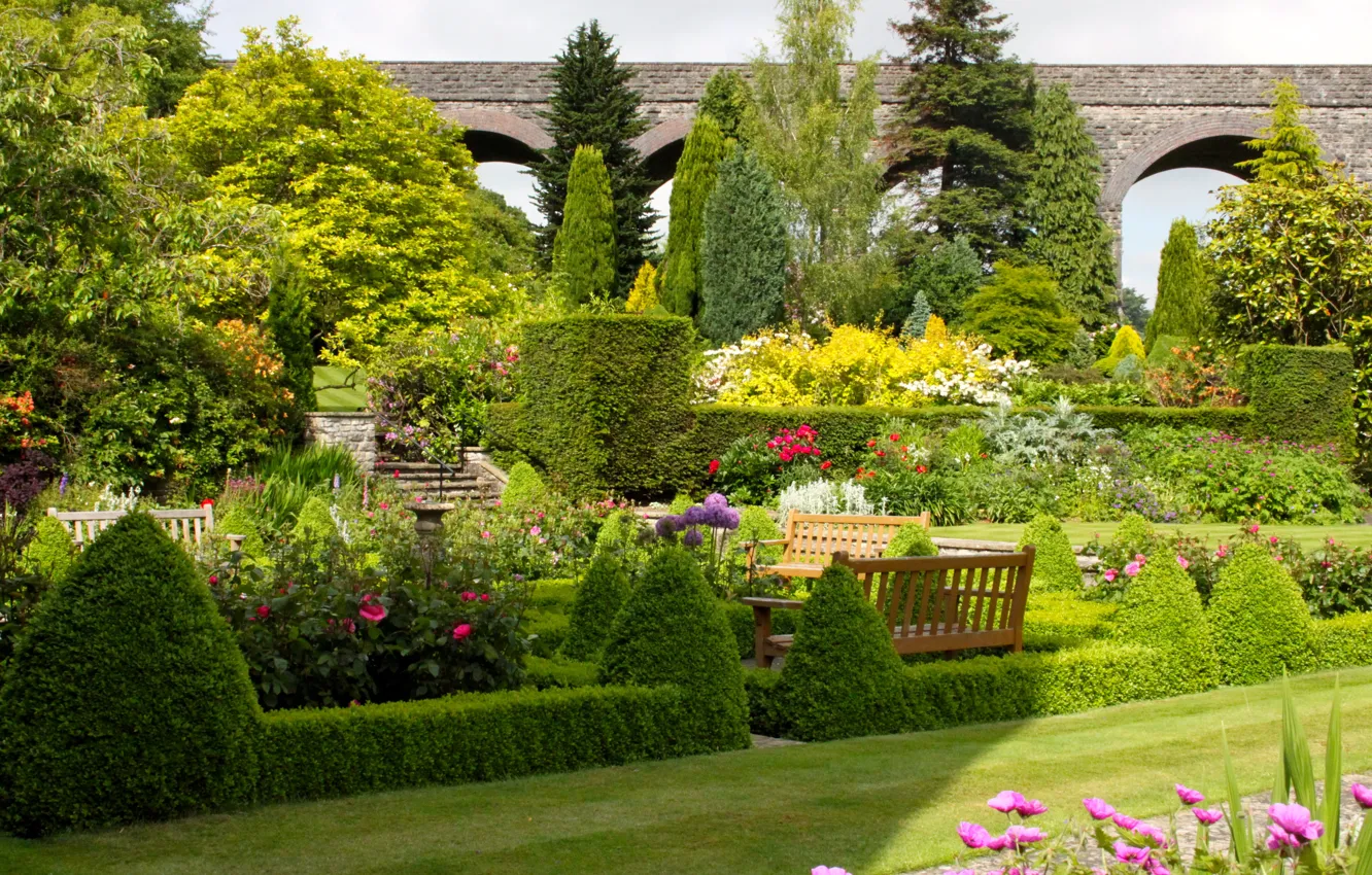 Photo wallpaper grass, trees, flowers, design, garden, UK, the bushes, benches