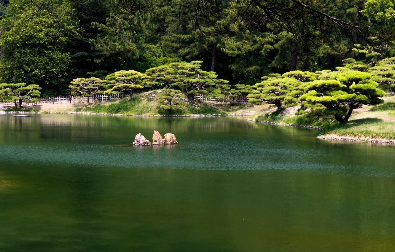 Photo wallpaper pond, Park, Japan, Takamatsu, Ritsurin garden, Ritsurin Park