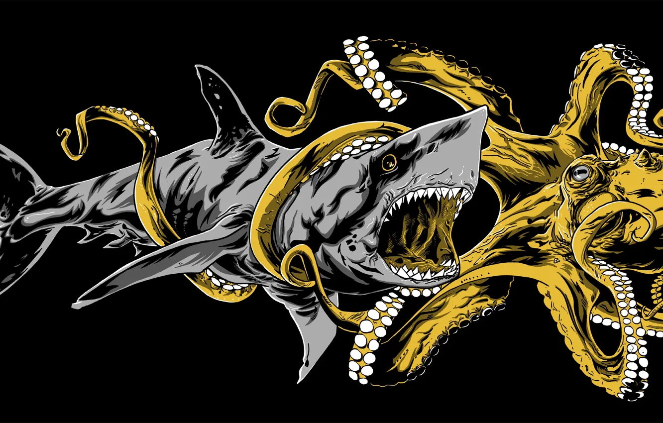 Photo wallpaper shark, octopus, mouth, battle