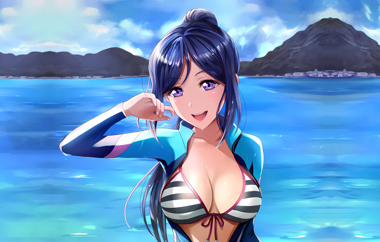 Photo wallpaper girl, sexy, wet, cleavage, sky, long hair, sea, boobs