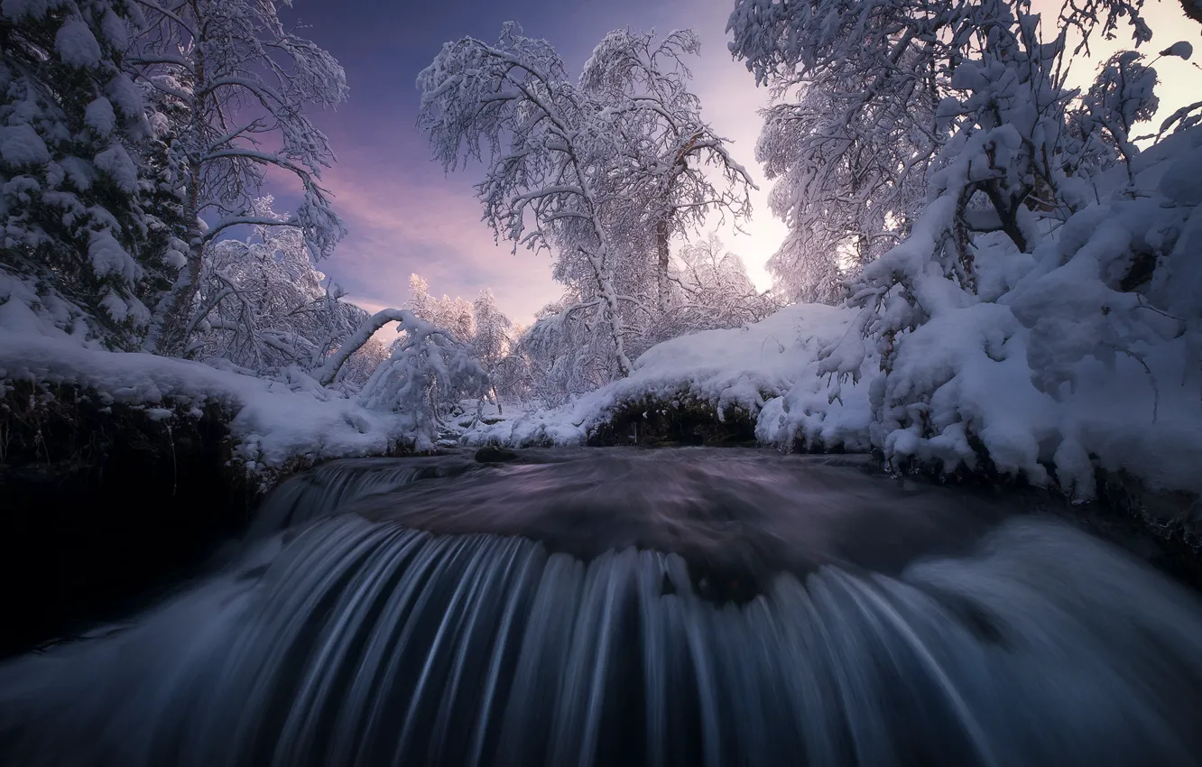 Photo wallpaper winter, snow, trees, landscape, sunset, nature, river, waterfall