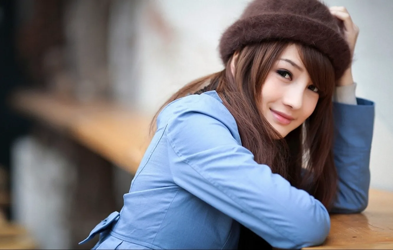 Photo wallpaper look, girl, pose, smile, girl, hat, Asian, bokeh