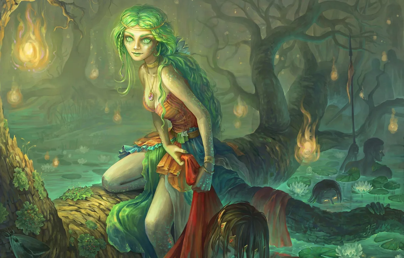 Photo wallpaper forest, girl, trees, lights, pond, swamp, crown, art