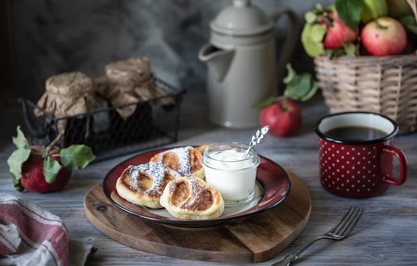 Photo wallpaper tea, Breakfast, Cup, pancakes, sour cream, fragrant, Karina Klachuk
