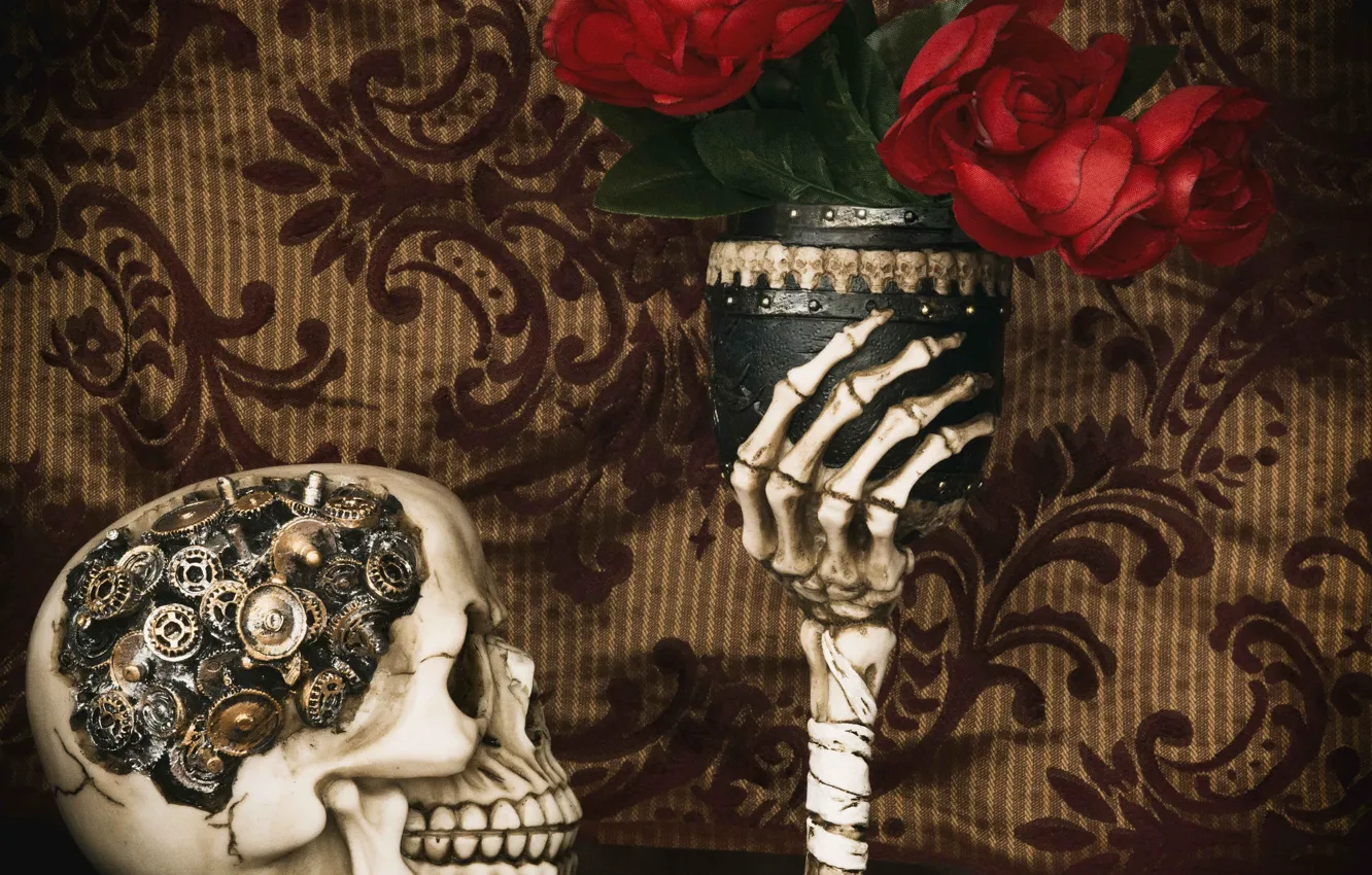 Photo wallpaper flowers, style, glass, skull, mechanism, hand, roses, bones
