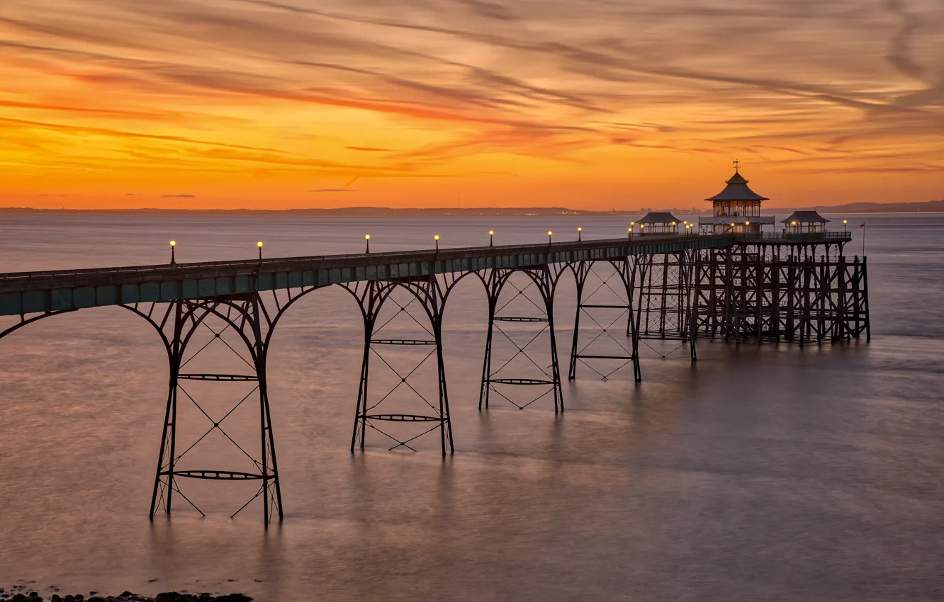 Photo wallpaper sunset, England, the evening, pierce, Somerset, Clevedon Pier