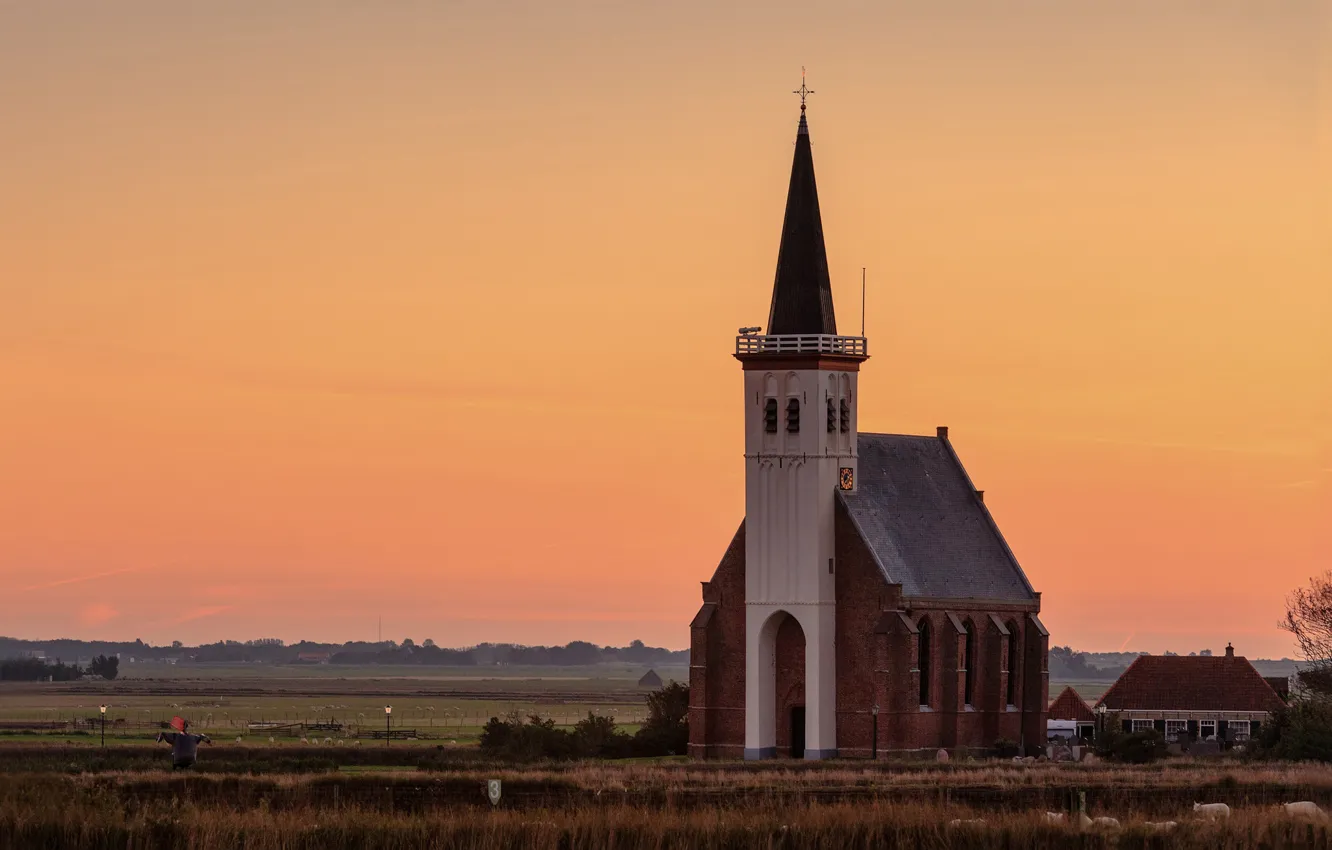Photo wallpaper field, sunset, the evening, village, pasture, Church