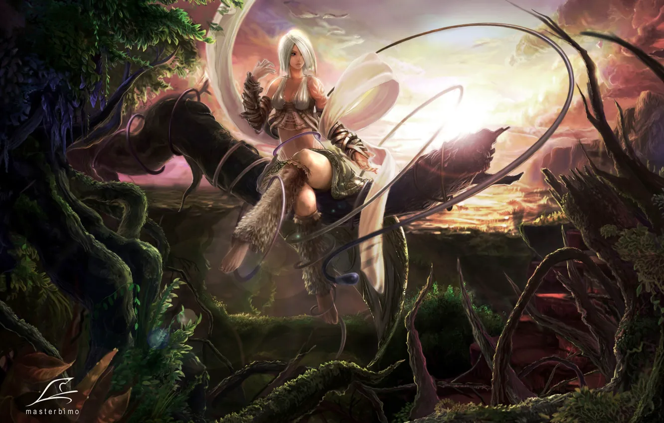 Photo wallpaper girl, sunset, nature, fantasy