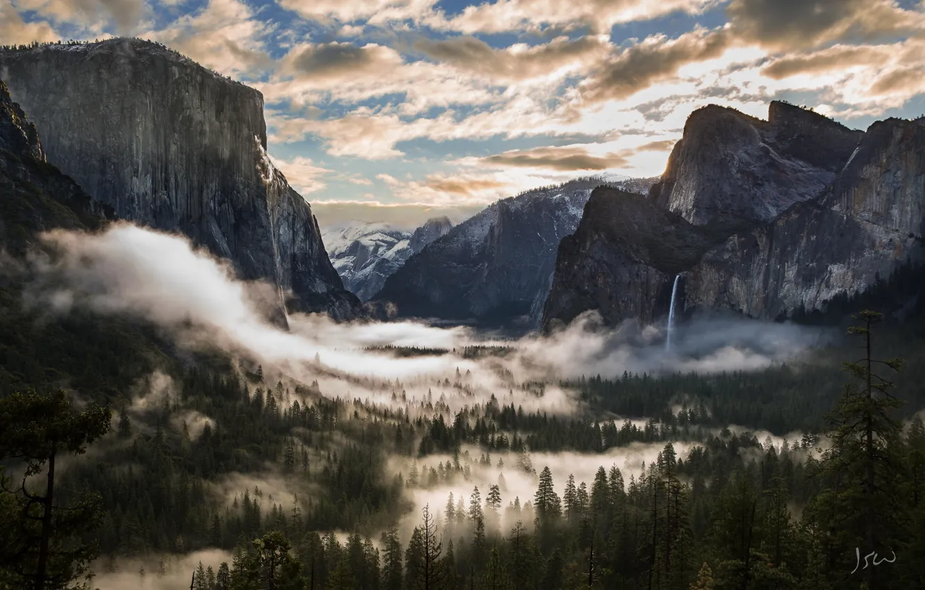 Photo wallpaper forest, clouds, trees, mountains, California, Yosemite National Park, National Park, Sierra Nevada mountains