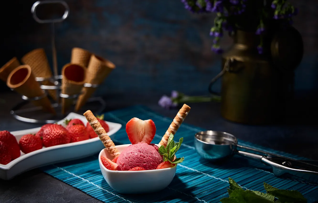 Photo wallpaper berries, strawberry, still life, strawberry ice cream, waffle cones