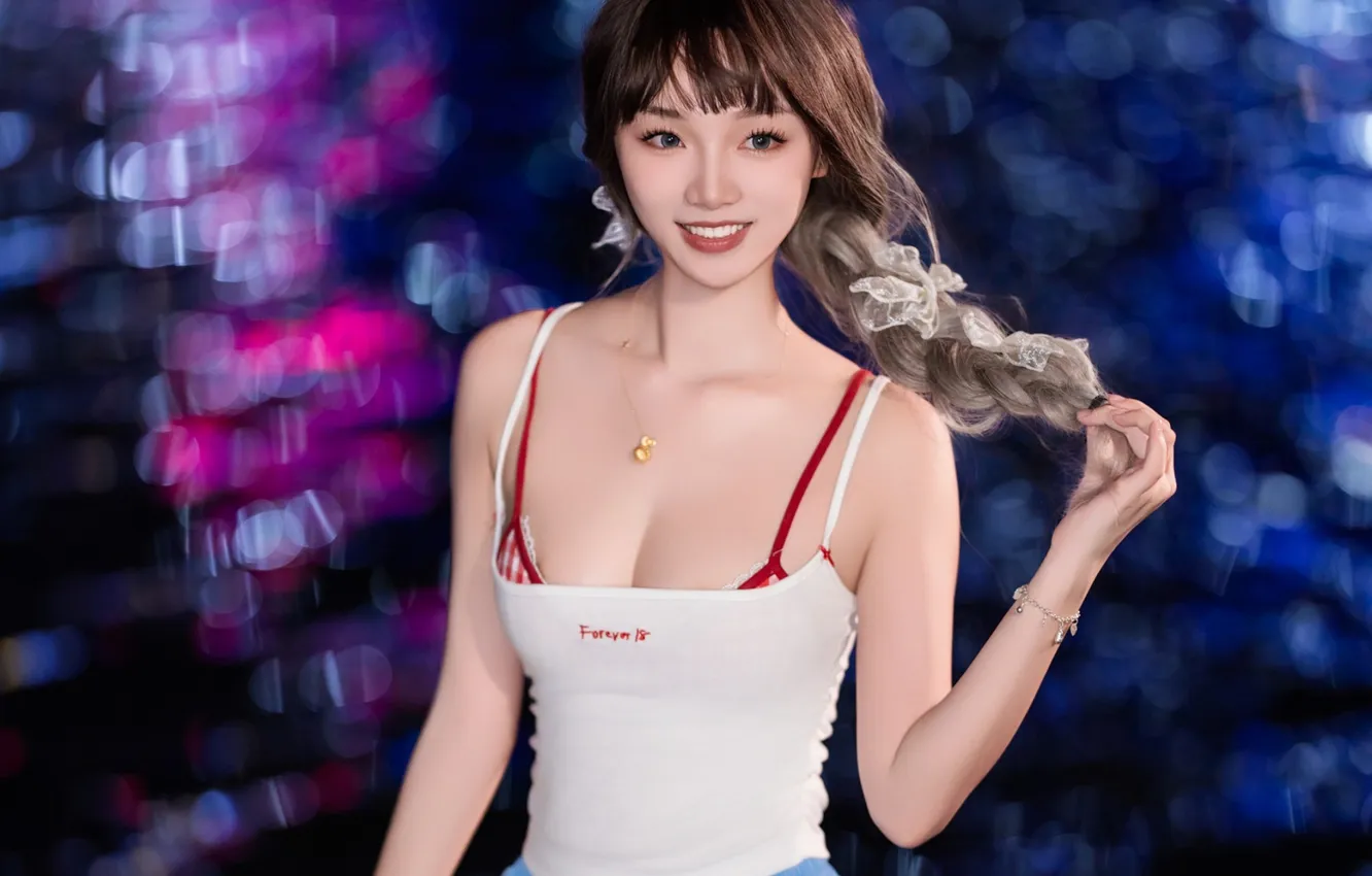 Photo wallpaper light, river, woman, smile, water, night, beautiful, model