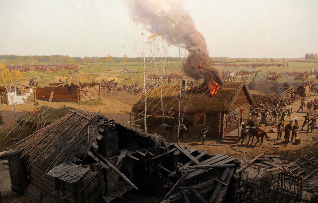 Photo wallpaper fire, horse, smoke, home, picture, battle, soldiers, fragment