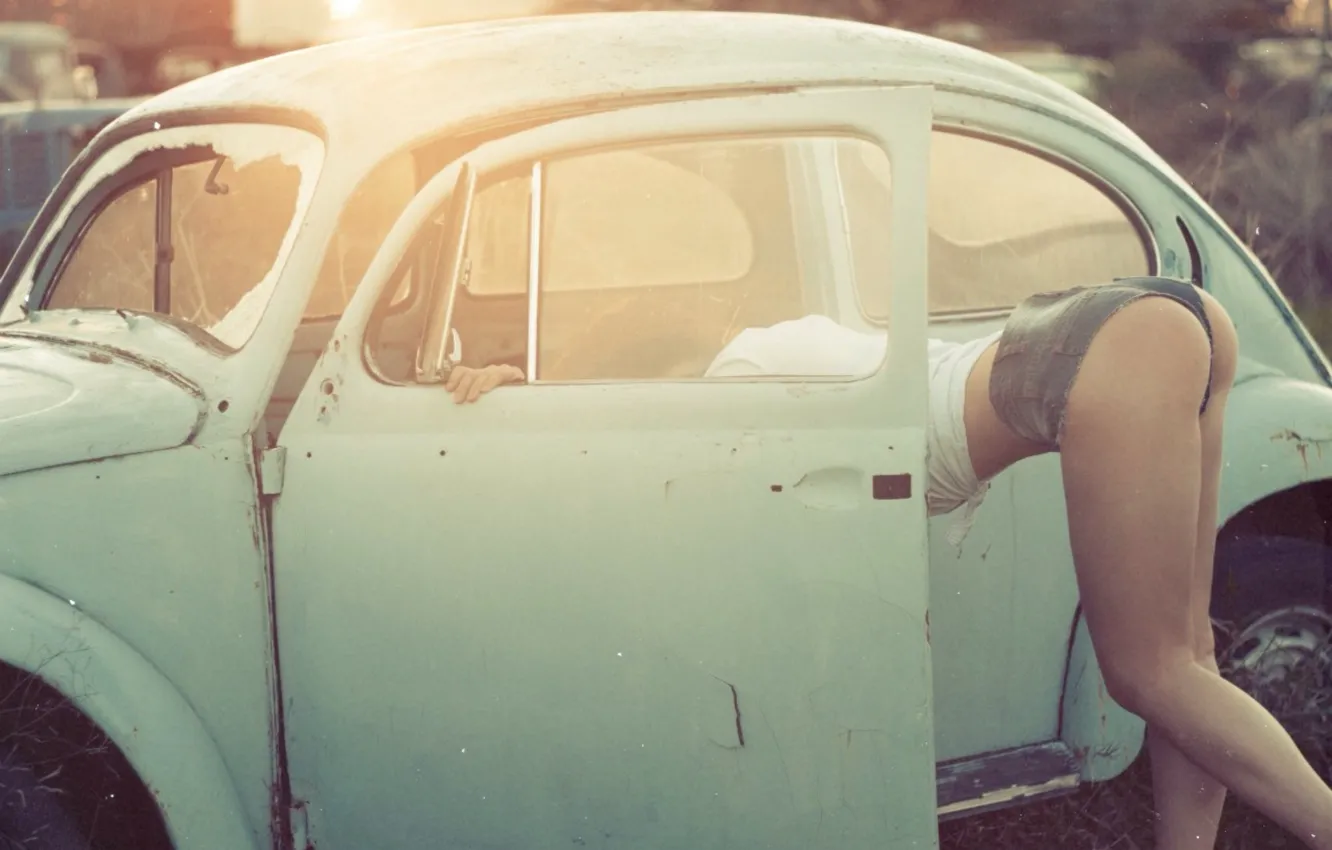 Photo wallpaper auto, ass, girl, model, Volkswagen, legs, Beetle, Nastya