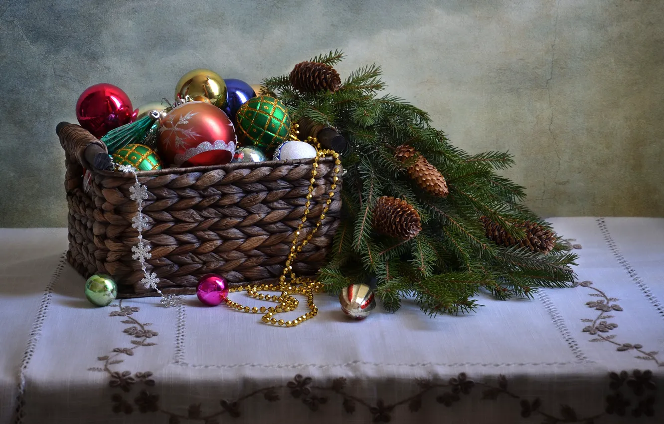 Photo wallpaper decoration, branches, table, holiday, balls, basket, toy, new year