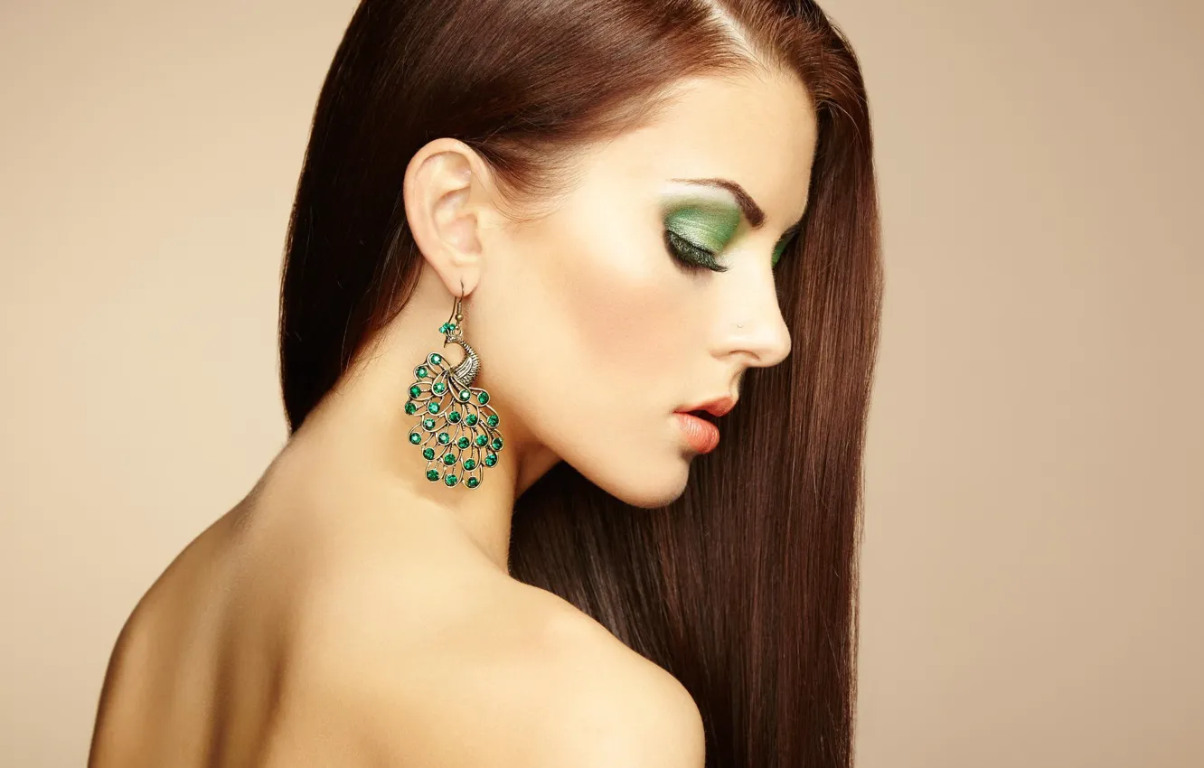 Photo wallpaper face, background, model, portrait, earrings, makeup, hairstyle, profile