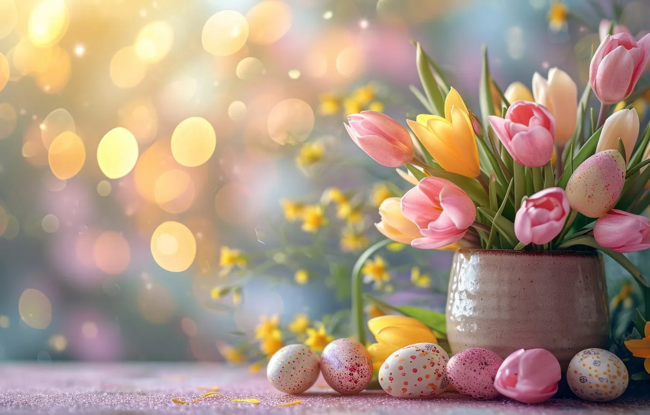 Photo wallpaper light, flowers, table, holiday, eggs, bouquet, spring, Easter