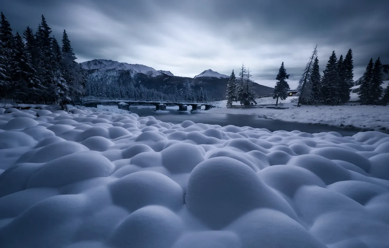 Photo wallpaper winter, forest, snow, trees, landscape, mountains, bridge, nature