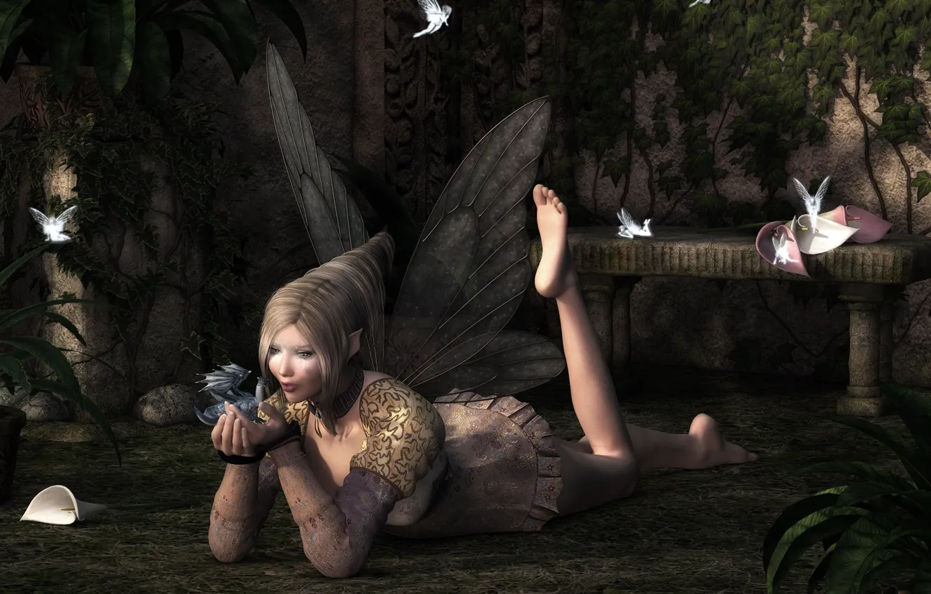 Photo wallpaper look, rendering, dragon, wings, fairy, lies