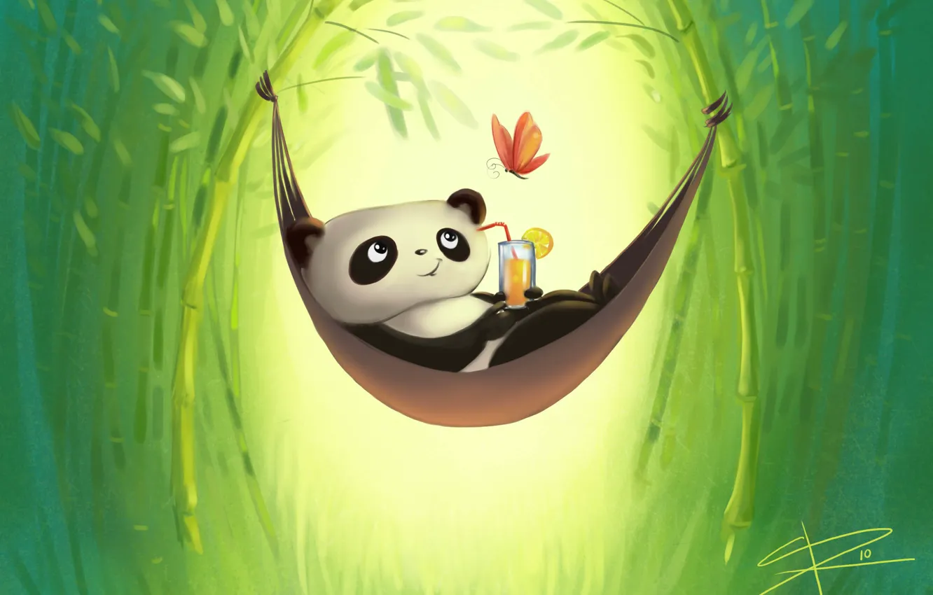 Photo wallpaper stay, butterfly, figure, bamboo, hammock, Panda, drink