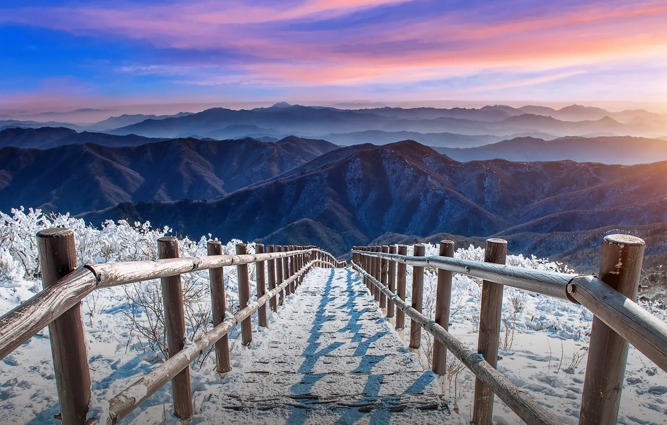 Photo wallpaper sky, landscape, nature, sunset, South Korea, mountains, clouds, snow