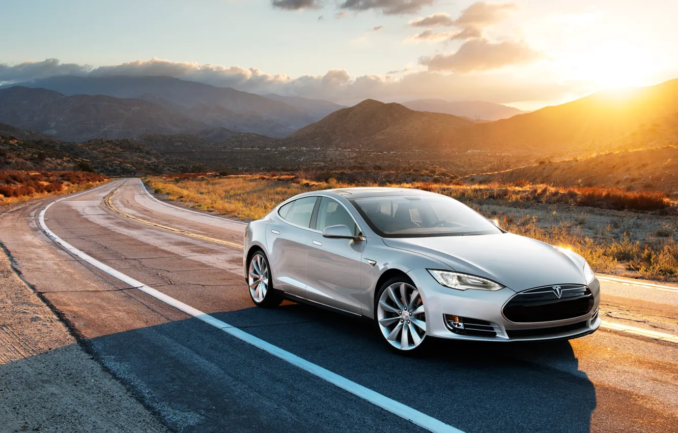 Photo wallpaper road, sunset, mountains, Tesla, electric car, model s
