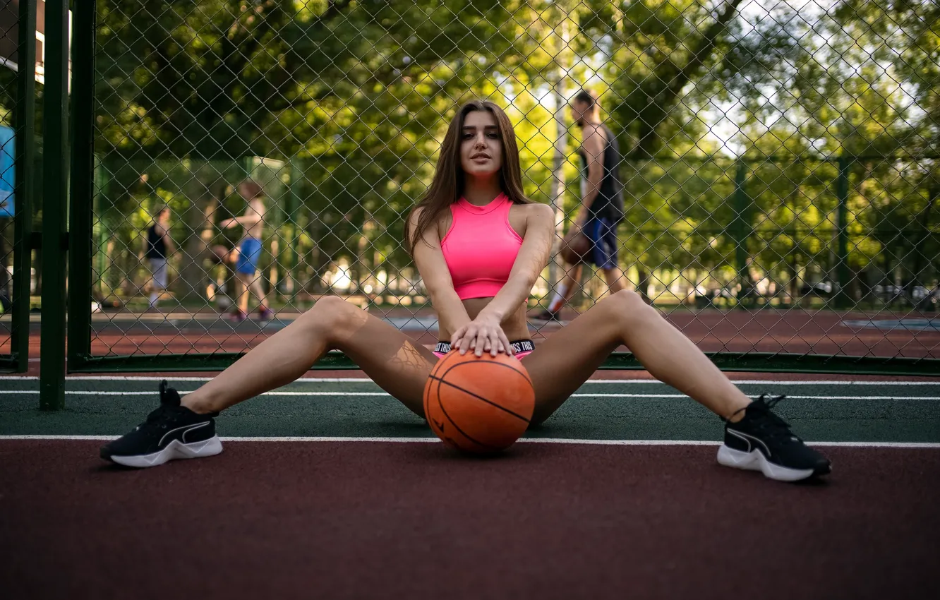 Photo wallpaper girl, pose, mesh, feet, the ball, top, sneakers, Playground